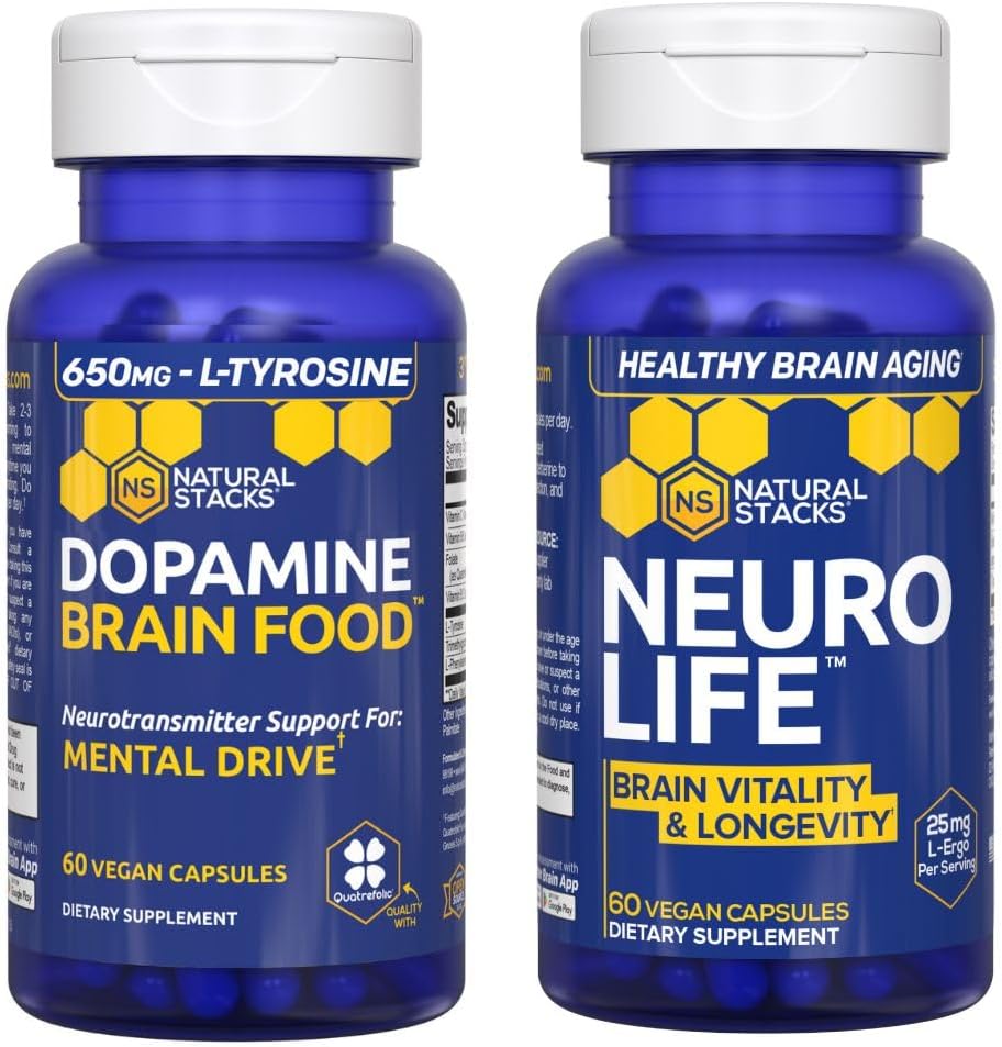 NATURAL STACKS NeuroLife + Dopamine Brain Food Bundle - Supports Mental Drive & Brain Longevity* - 120 Total Capsules