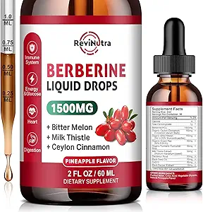 Berberine HCL Liquid Drops, 1500mg Berberine Supplement with Ceylon Cinnamon, Bitter Melon, Milk Thistle for Immune, Digestion System & Heart Health, 2 Fl Oz, Sugar-Free Pineapple Flavor