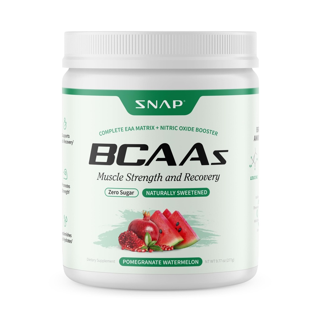 Snap Supplements BCAA Powder - 5g Vegan Branched Chain Amino Acids (2:1:1 Leucine Isoleucine Valine) + Essential Amino Acids with Nitric Oxide Booster, 30 Servings, Pomegranate Watermelon