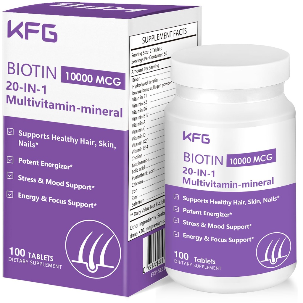 KFG Biotin 10000mcg, Women’s Multivitamin-Mineral, with Keratin, Collagen, Calcium, Niacinamide & Vitamins A, B, D, C, E, for Women Hair, Skin, Nail & Bone Health, 100 Tablets.