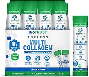BioTrust Ageless Multi Collagen Peptides Powder – Types I, II, III, V, X – Unflavored Collagen Powder for Women & Men – Hydrolyzed Protein– Grass Fed Beef, Fish, Chicken, Eggshell Membrane(16 packets)