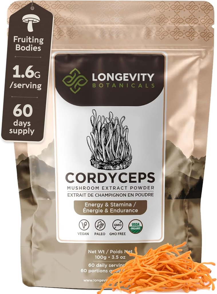 Longevity Botanicals Organic Cordyceps Mushroom Extract Powder 100g | Concentrated 10:1 Ratio | 100% Fruiting Bodies | Cordyceps Militaris Natural Supplement for Energy, Stamina & Respiratory Support