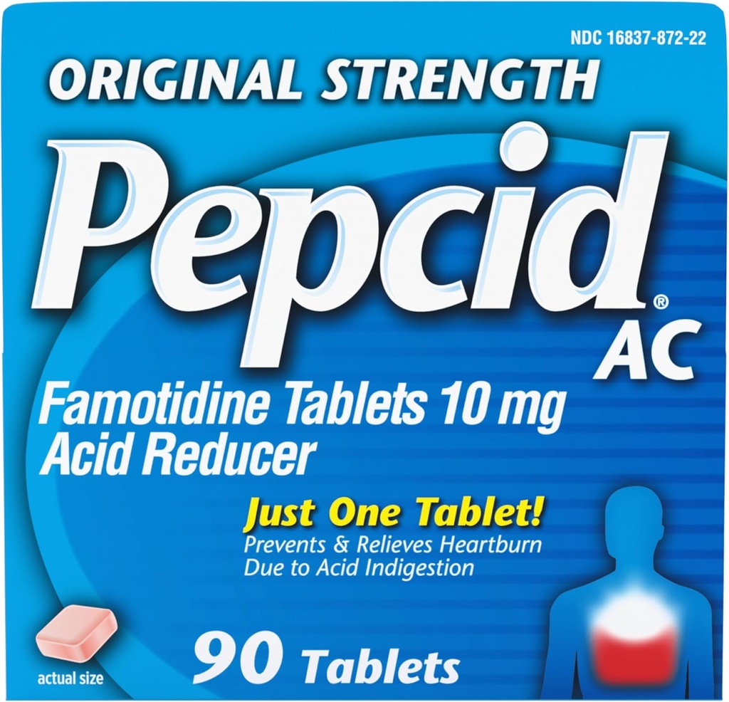 Pepcid AC Original Strength Heartburn Relief Tablets, OTC Medicine Prevents & Relieves Heartburn Due to Acid Indigestion & Sour Stomach, 10mg Famotidine Acid Reducer, Fast-Acting, 90 ct