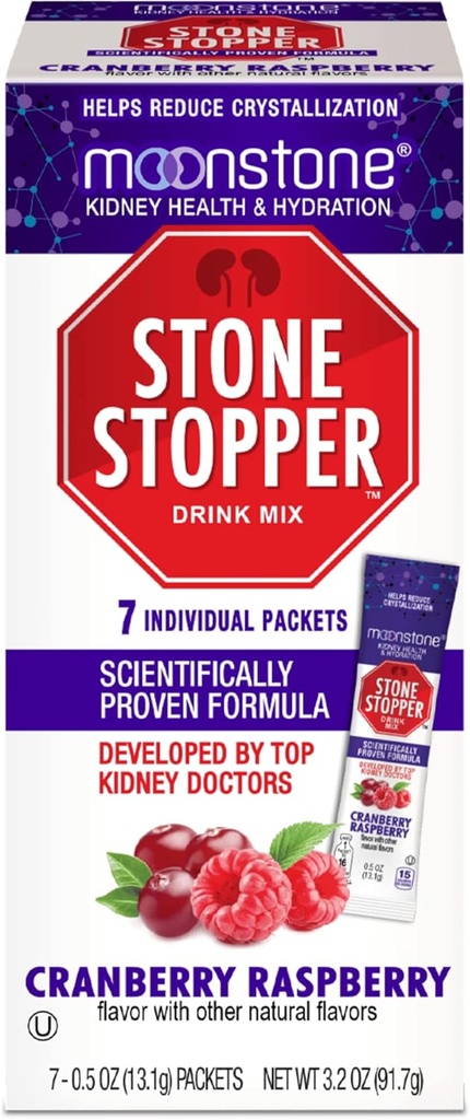 Moonstone Kidney Stone Stopper Drink Mix Cranberry Raspberry, Outperforms Chanca Piedra & Kidney Support Supplements, Developed by Urologists to Prevent Kidney Stones & Improve Hydration, 7 Day Supply