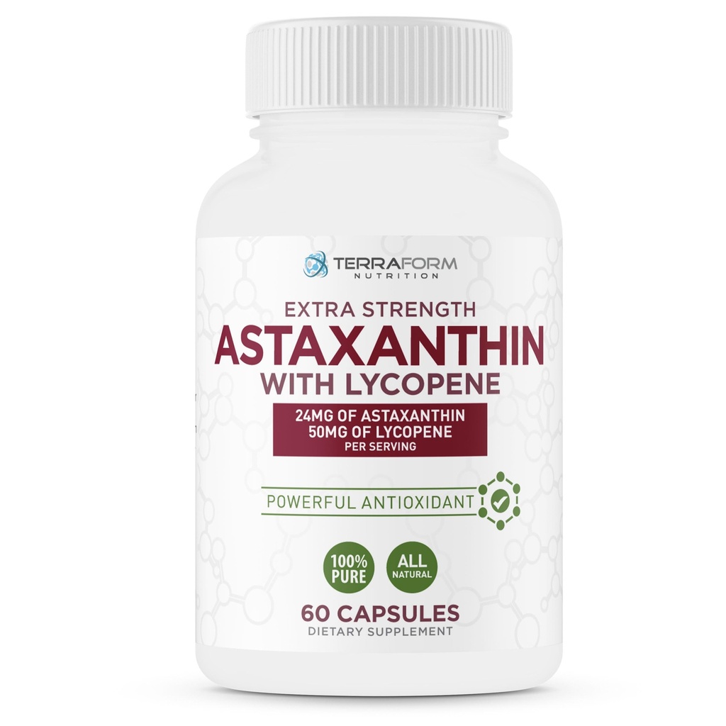 TerraForm Nutrition Astaxanthin Supplement 24mg with Lycopene 50mg – High Dose Dual Spectrum Antioxidant Complex - Natural Astaxanthin from Haematococcus Pluvialis Microalgae - 60 Servings