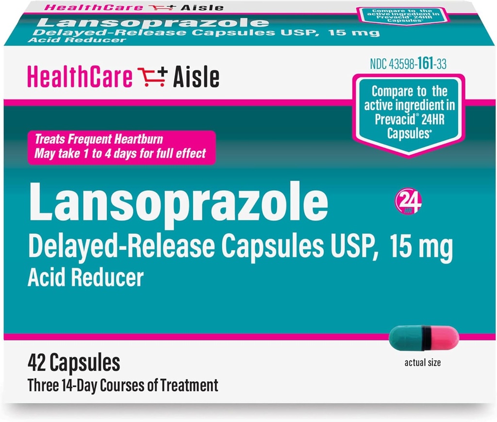 HealthCareAisle Lansoprazole 15 mg - 42 Delayed-Release Capsules - Acid Reducer, Treats Frequent Heartburn