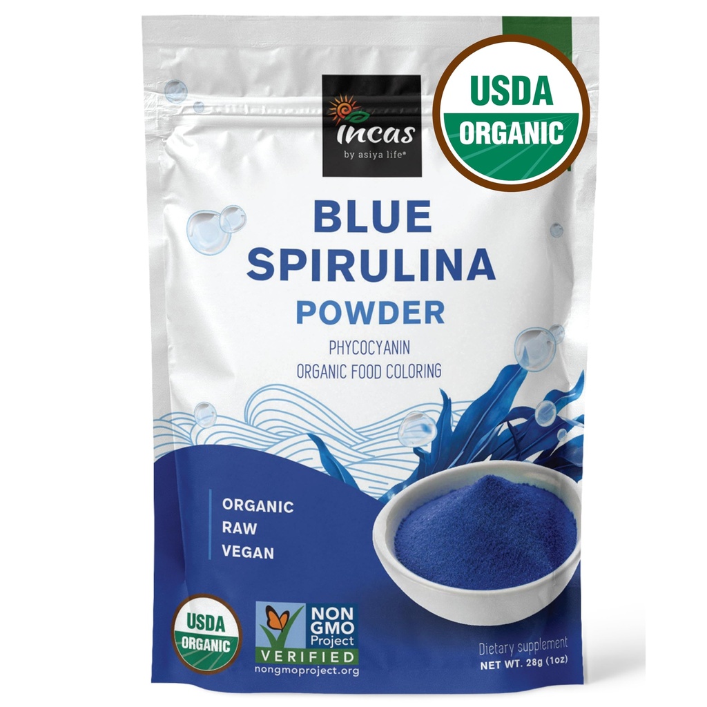 USDA Organic Blue Spirulina Powder (Phycocyanin Extract), No Fishy Smell, 100% Vegan Protein from Blue-Green Algae, 28 Servings, Natural Food Coloring for Smoothies, Baking & Drinks (1 Ounce)