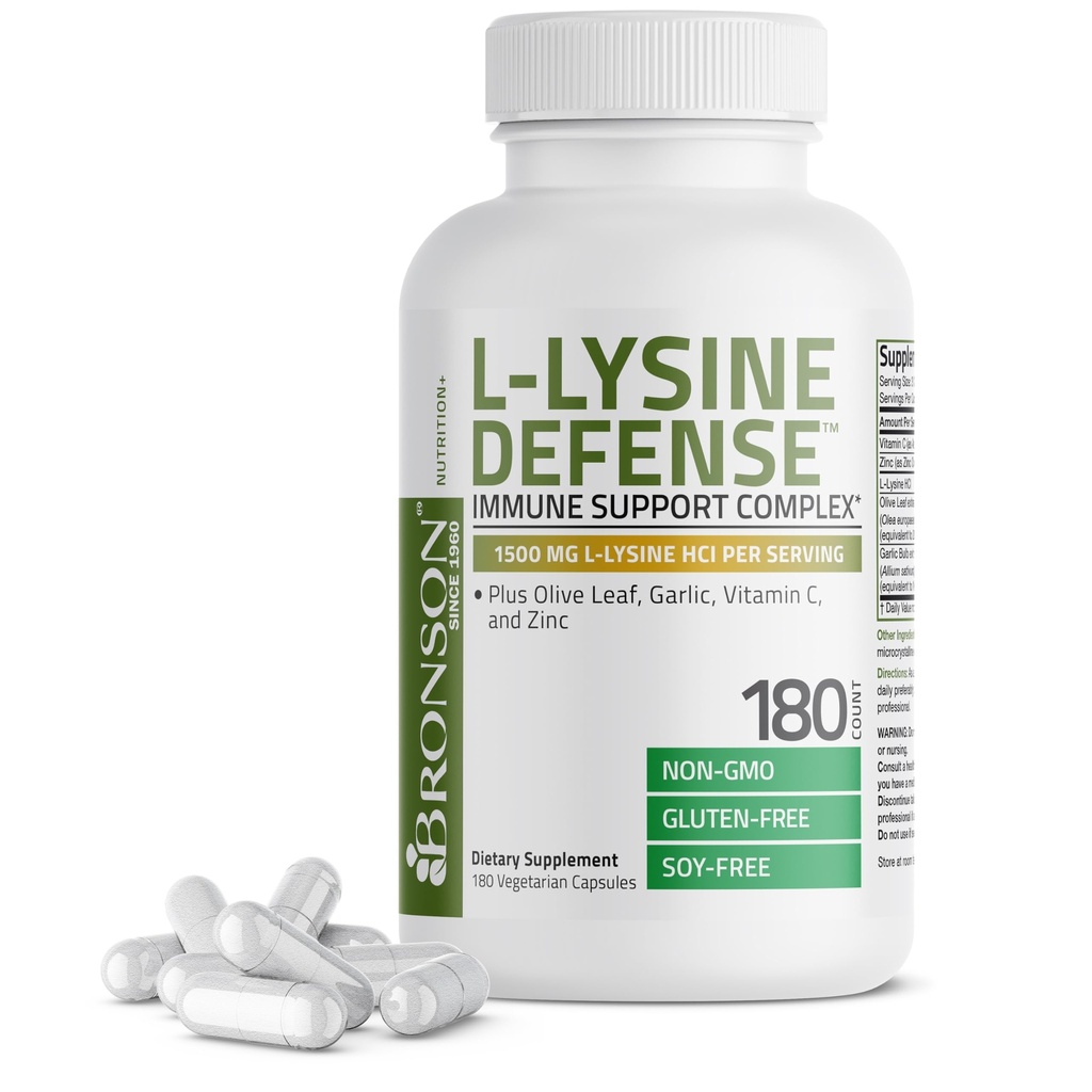 Bronson L-Lysine Defense Immune Support Complex 1500 MG L-Lysine Plus Olive Leaf, Garlic, Vitamin C and Zinc - Non-GMO, 180 Vegetarian Capsules