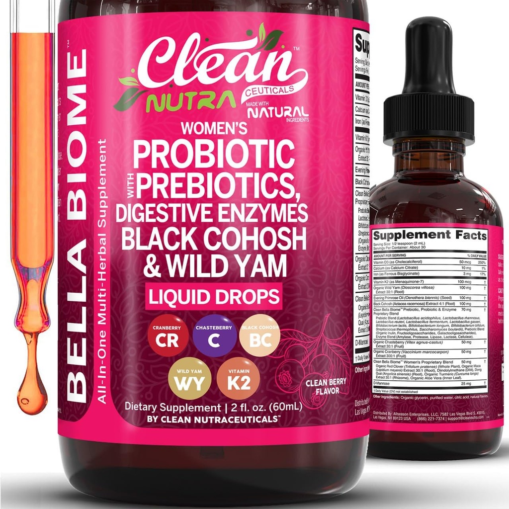 Liquid Probiotics for Women Drops with Chasteberry, Black Cohosh, Prebiotics, Digestive Enzymes, Evening Primrose Oil, Wild Yam, Cranberry Dmannose and Iron Vitamin D3 K2 Clean Nutra Bella Biotics
