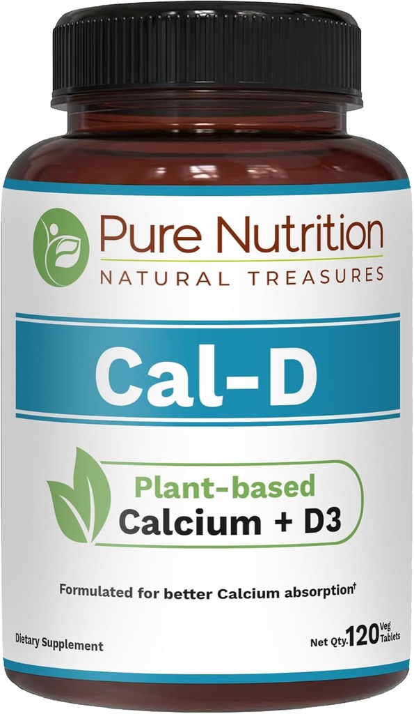 Pure Nutrition Cal D - Plant Based Calcium with VIT D3 K2 & Magnesium | 120 Tabs | 500mg Vegan Calcium per Serving | Algae Calcium Supplement for Bone Health