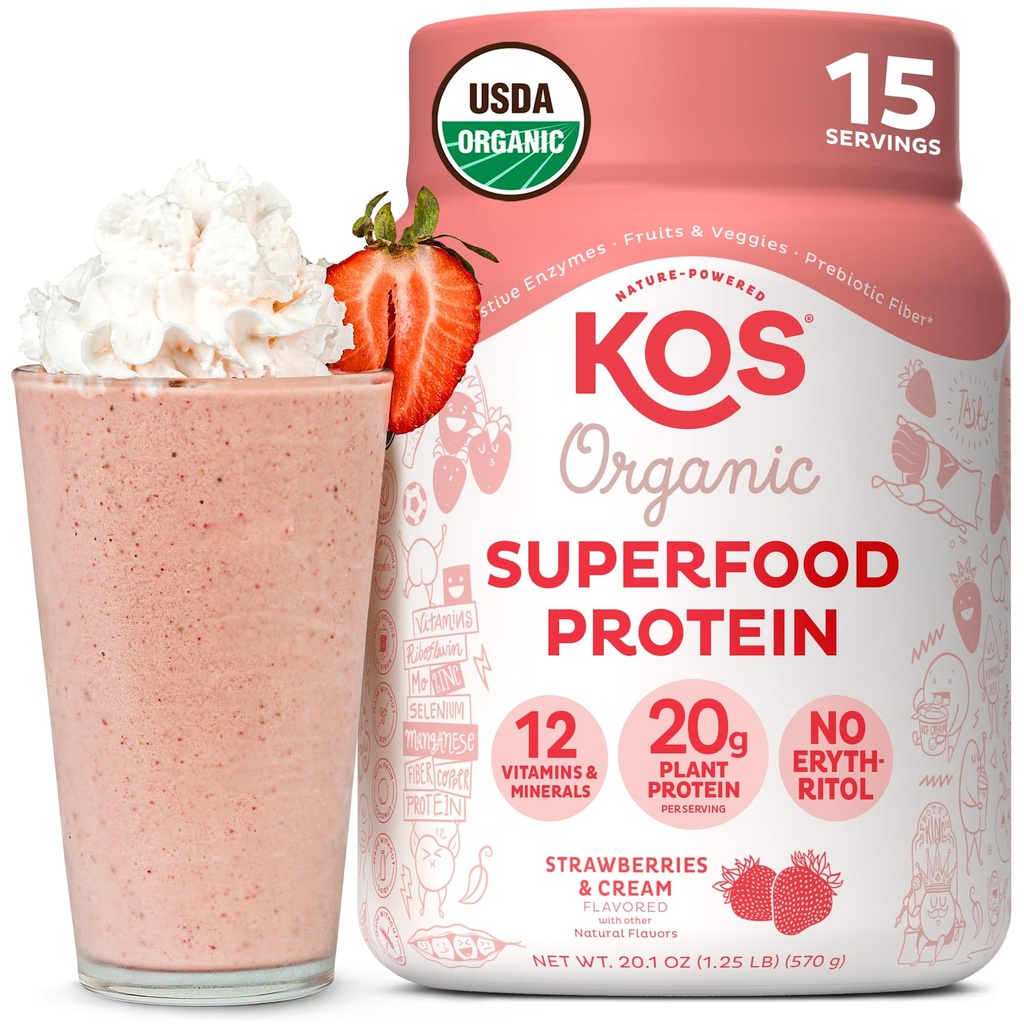 KOS Vegan Protein Powder, Strawberry and Cream Organic Pea Protein Blend, Plant Based Superfood with 12 Vitamins and Minerals, Made Without Dairy - Meal Replacement for Women & Men, 15 Servings