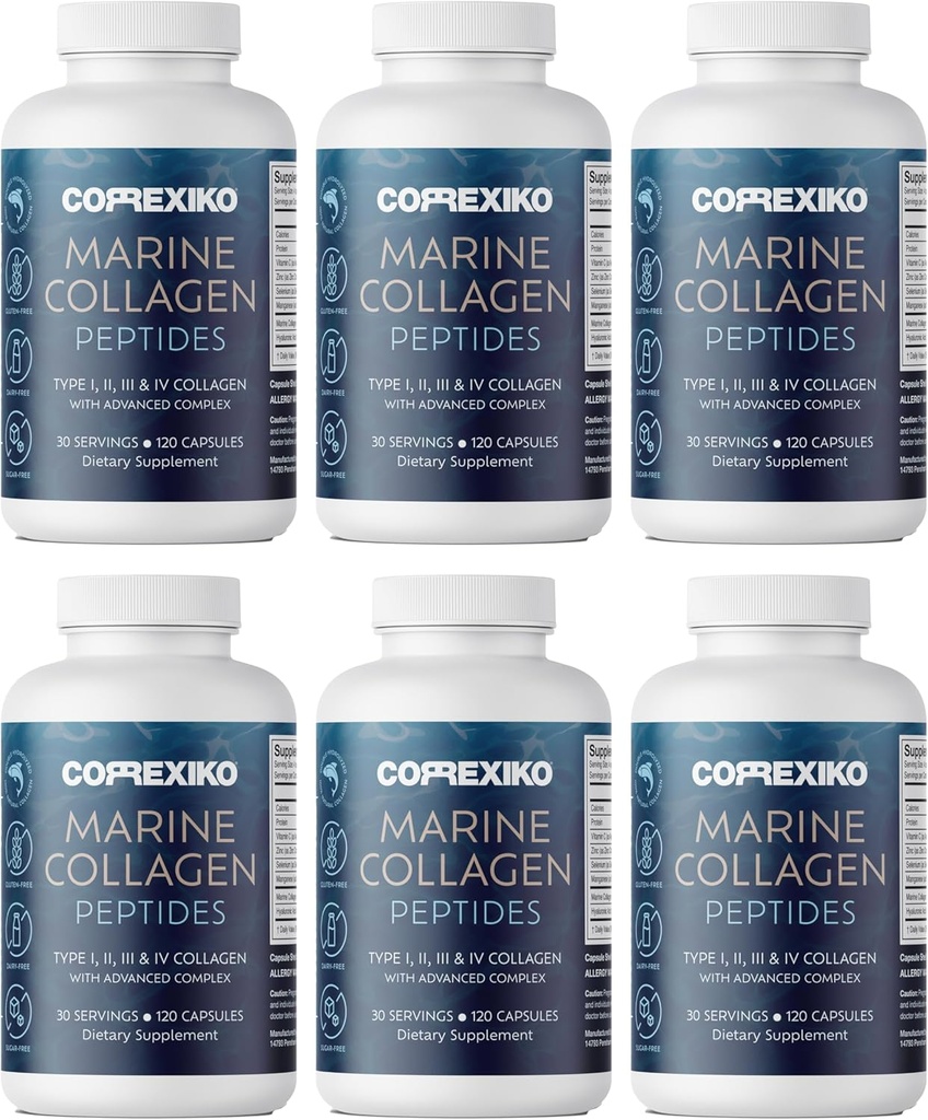 CORREXIKO Marine Collagen Supplement Pills - 1800mg Hydrolyzed Collagen Peptides per Serving with Added Hyaluronic Acid, Vitamin C & Minerals - for Hair, Skin & Nails - 720 Capsules 6 Month Supply