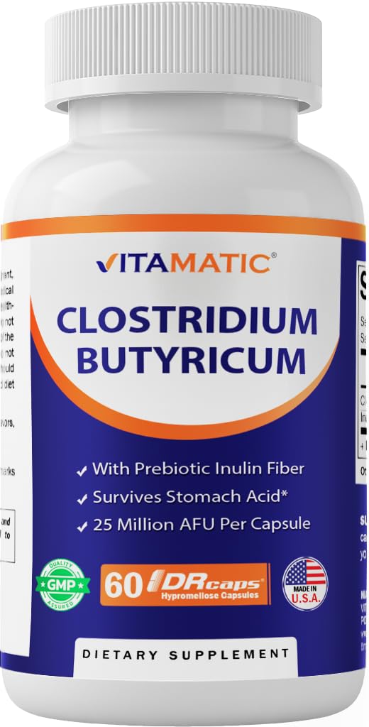 Vitamatic Clostridium butyricum 25 Million - Gut Health - 60 DR Capsules (Delayed Released) - Made with Prebiotic Inulin Fiber