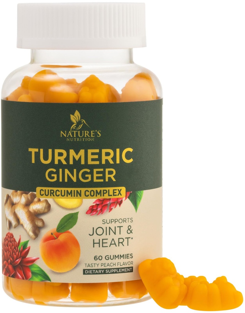 Turmeric Curcumin Supplement Gummies - 95% Curcuminoids with Turmeric & Ginger, Black Pepper for Best Absorption, Nature's Vegan Joint Support, Non-GMO, Gluten Free, Tasty Peach Flavor - 60 Gummies