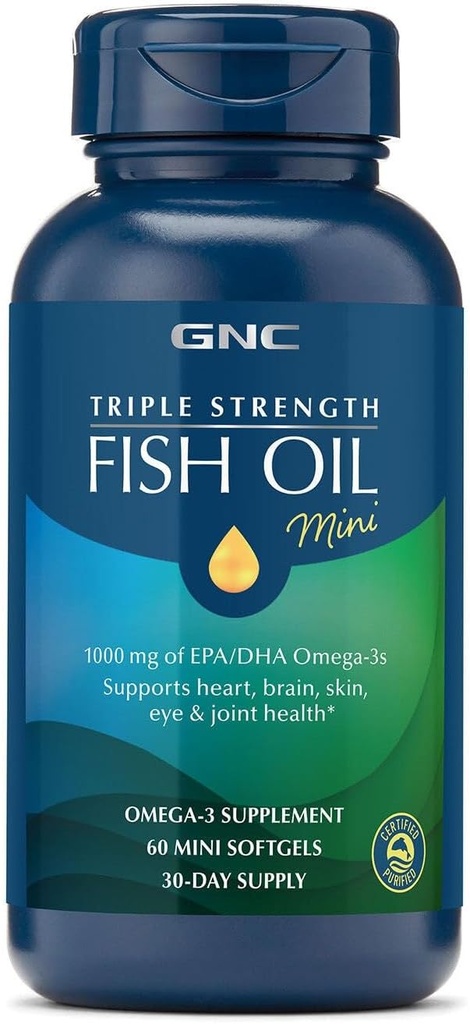 GNC Triple Strength Fish Oil Mini Omega 3 Supplement, 1000mg EPA and DHA, Supports Heart, Brain, Skin, Eye and Joint Health, 60 Mini Softgels