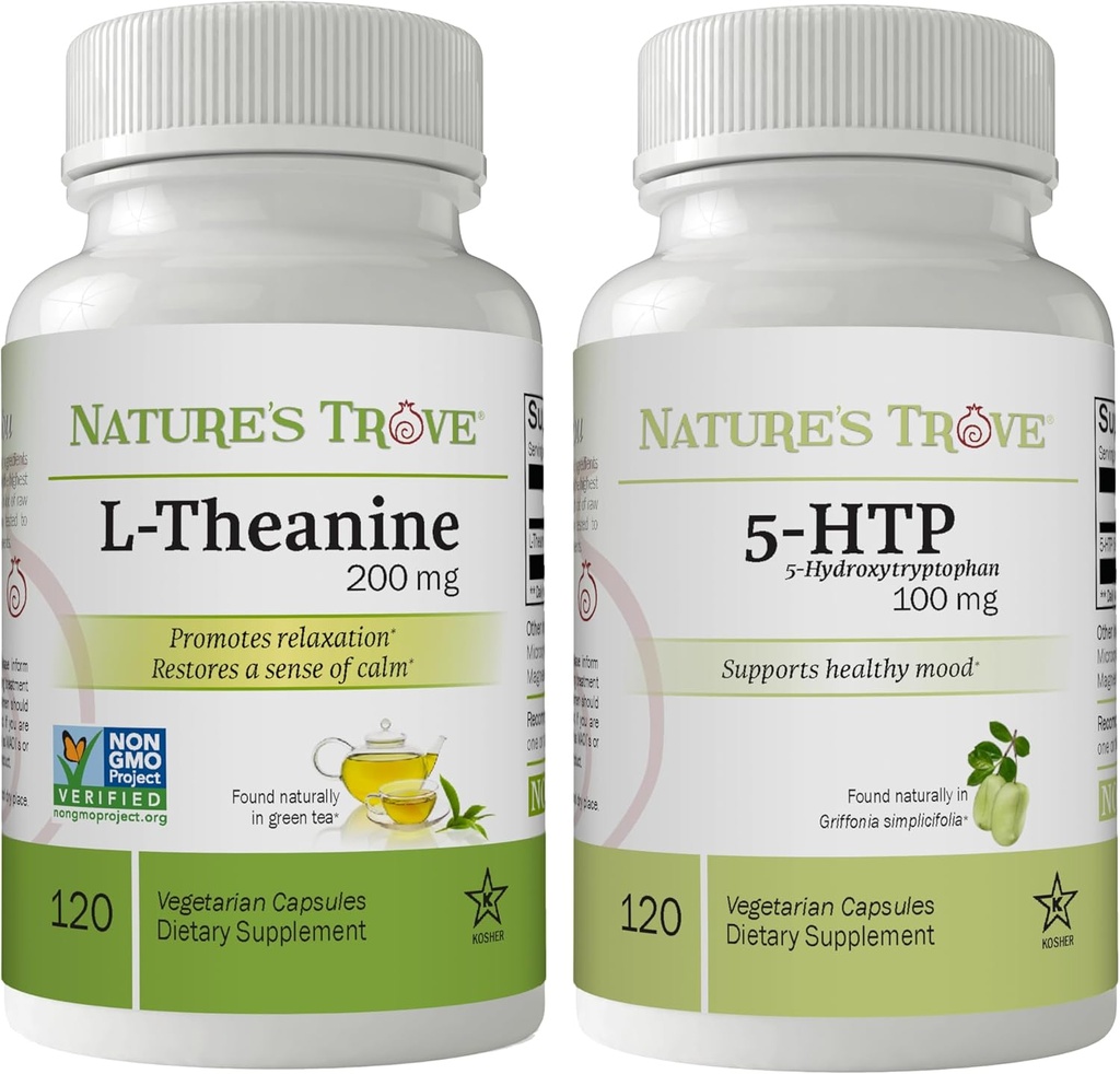 Nature's Trove L-Theanine 200mg 120 Vegetarian Capsules & 5-HTP 100mg 120 Vegetarian Capsules - Calm & Healthy Mood Stack