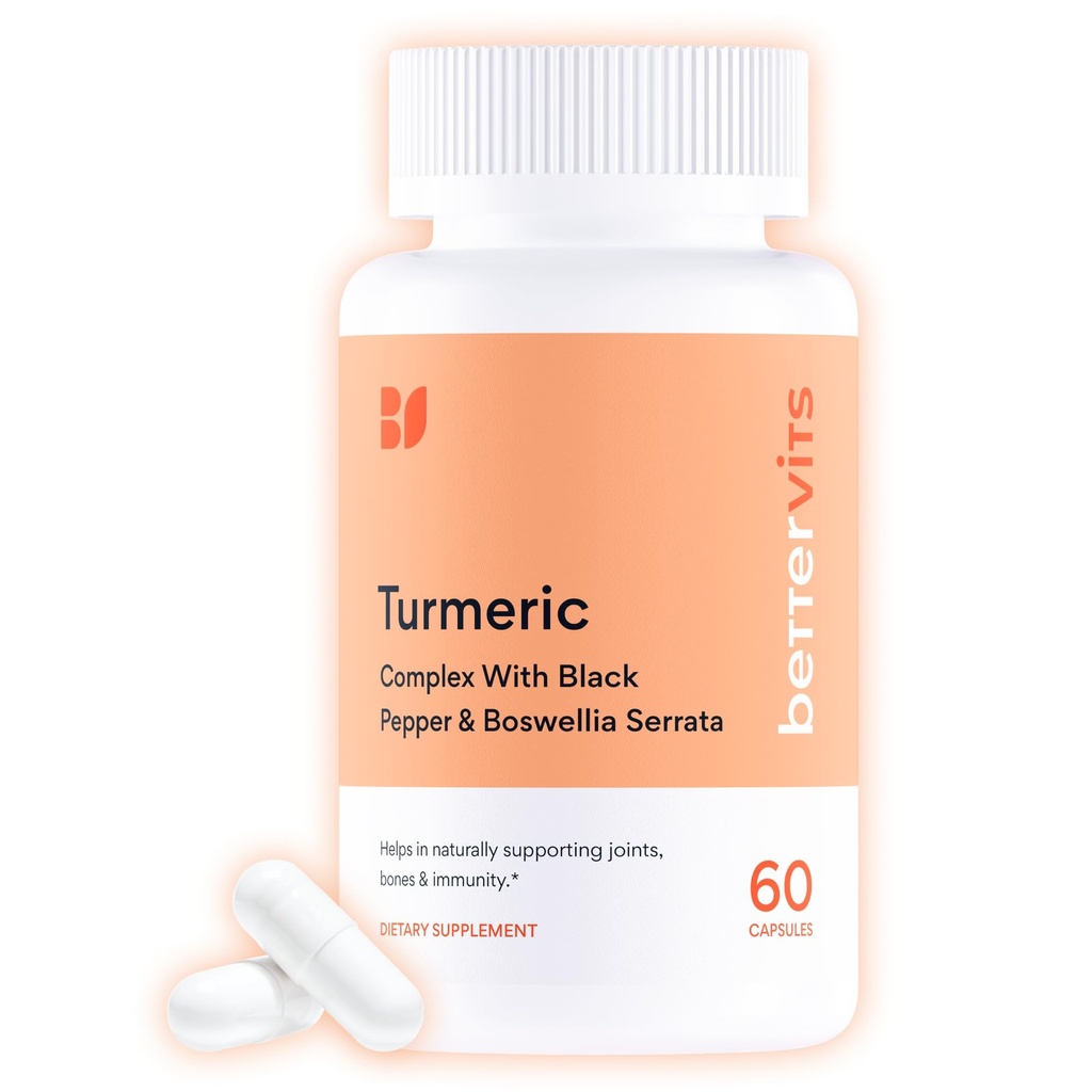 Bettervits Turmeric Curcumin Supplement with Black Pepper and Boswellia Serrata | Organic 1000mg Turmeric Supplement for Enhanced Absorption and Vitamin C | Joint Support - Non-GMO | 60 Vegan Capsules