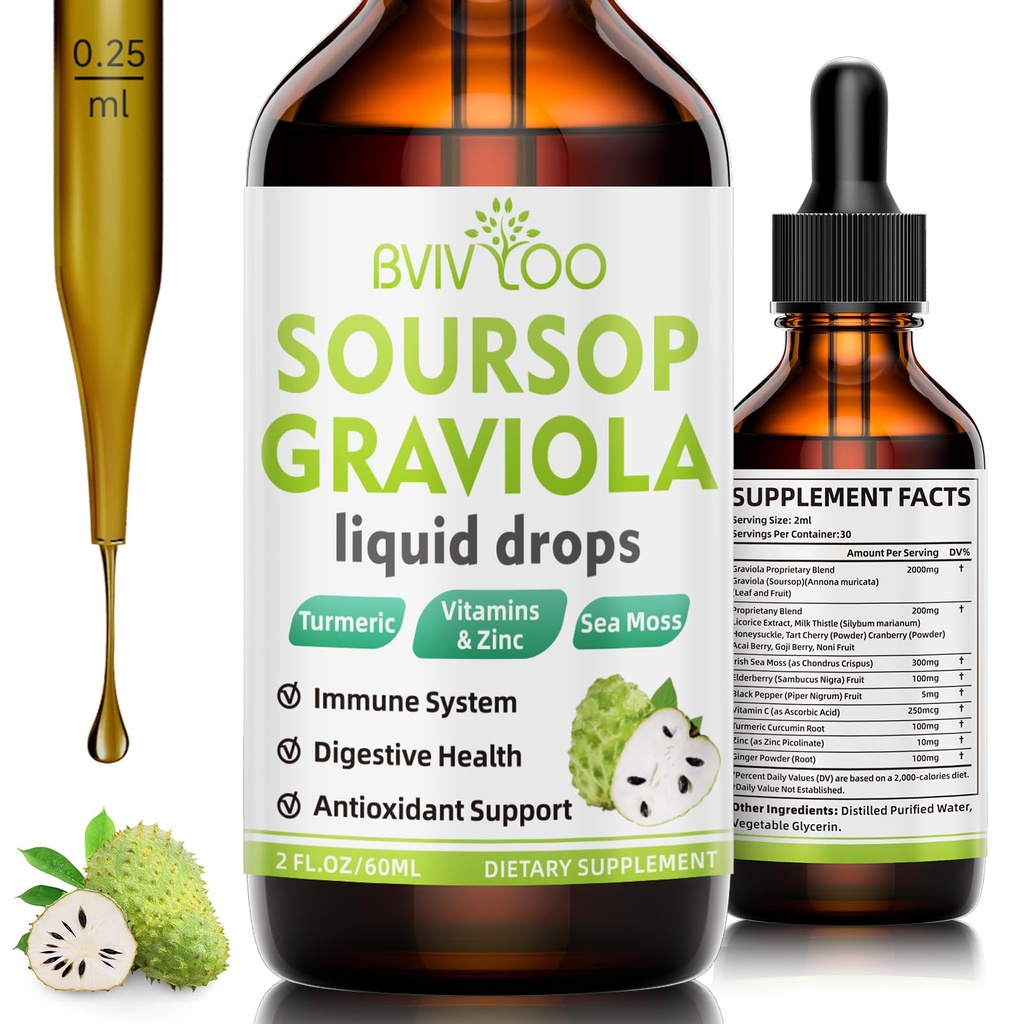Soursop Graviola Liquid Drops - 2000mg Pure Soursop Extract Blended with 300mg Sea Moss & 100mg Elderberry - Powerful Cell Support, Antioxidant-Rich, Immune-Boosting - 2 Fl Oz (60ml) Bottle