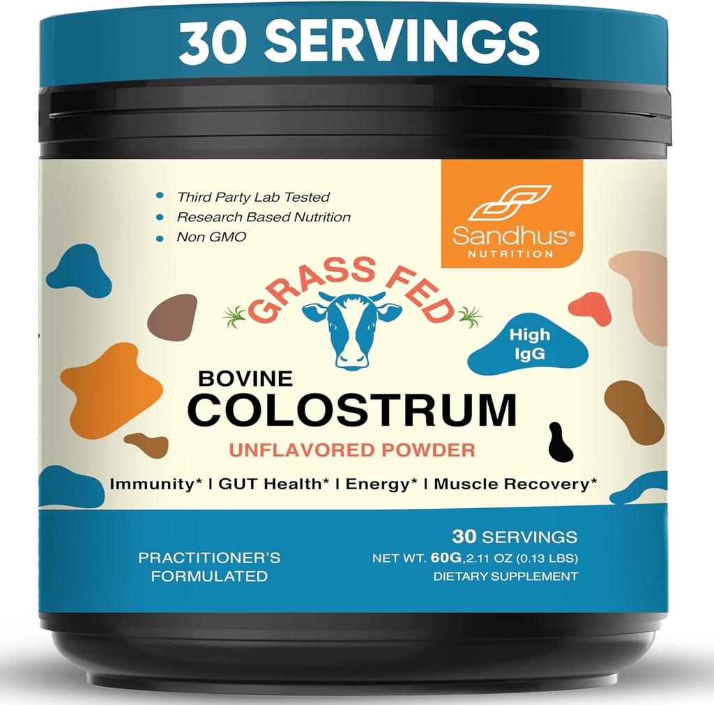 Sandhu's Grass Fed Bovine Colostrum Powder for Humans, Adults | 30 Servings (Pack of 1) Cows Supplement | High IgG for Gut Health | Immunity & Muscle Recovery Support | Unflavored | for Men & Women