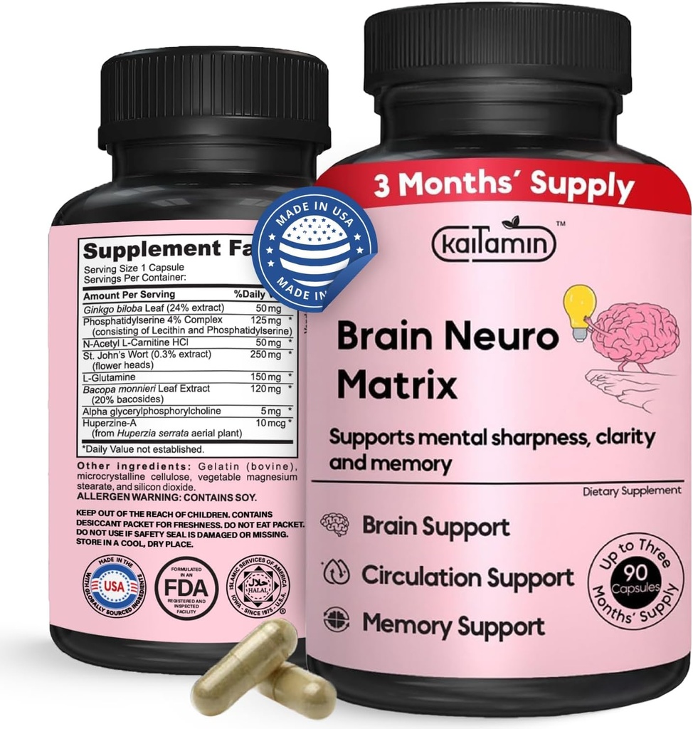 Memory & Focus Nootropic – Brain Neuro Matrix with Ginkgo Biloba & Huperzine A – Vegan, Natural, Caffeine-Free – Supports Clarity & Mood for Students, Seniors & Professionals – 90 Caps 3-Month Supply