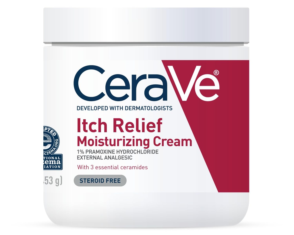 CeraVe Moisturizing Cream for Itch Relief, Anti Itch Cream with Pramoxine Hydrochloride, Relieves Itchy with Minor Skin Irritations, Sunburn Relief, Bug Bites, Fragrance Free, 16 Ounces