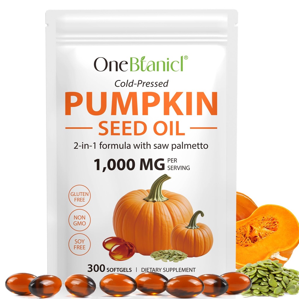 Pumpkin Seed Oil with Saw Palmetto 2-in-1 Formula 300 Softgels, Cold Pressed, Pure Virgin Oil, Supports Hair, Urinary, Bladder & Prostate Health, Non-GMO