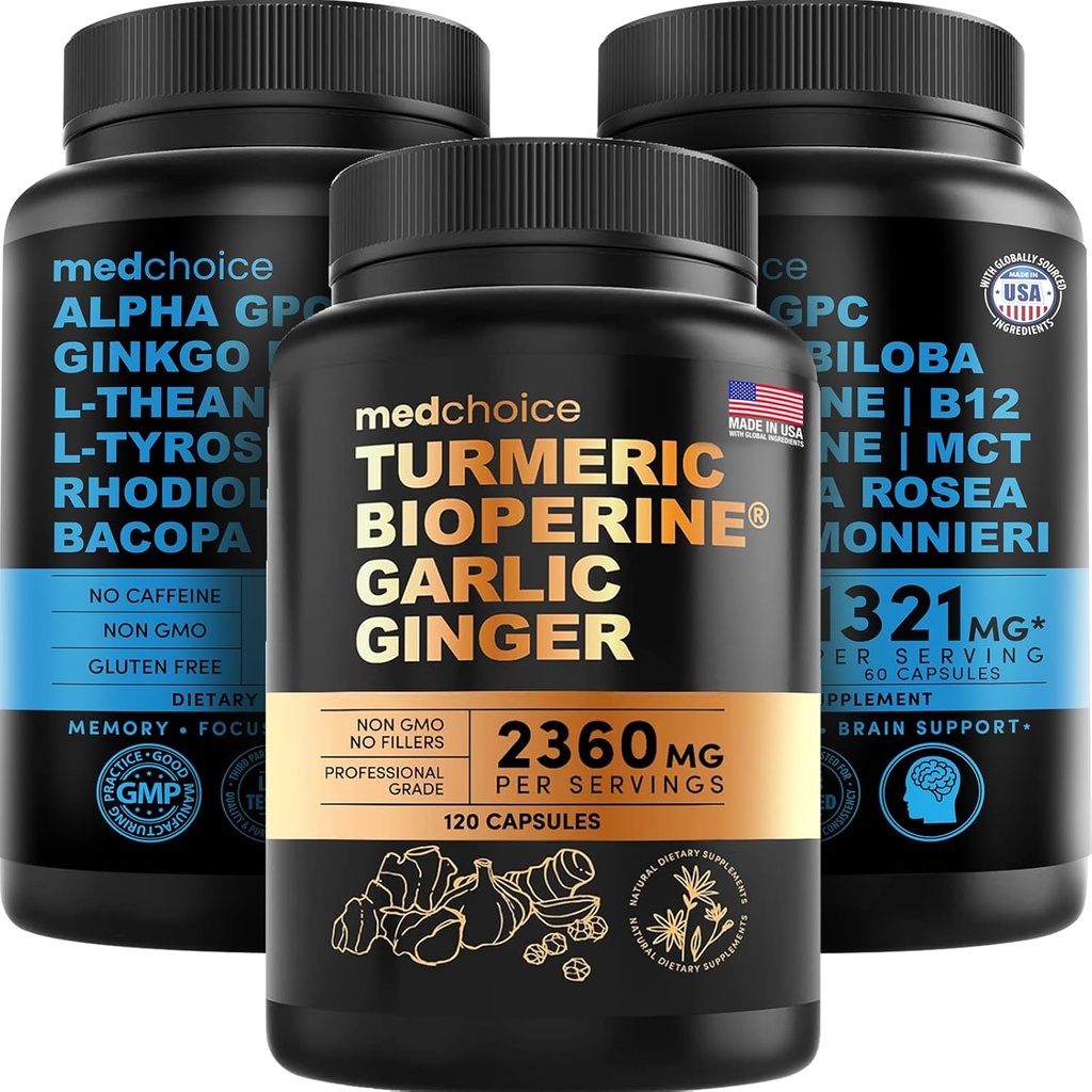 MEDCHOICE Turmeric & Ginger (120ct) and Nootropic Brain (120ct) Supplement Bundle - Wellness Duo for Joint, Digestion, Brain, & Mood Support - Vegan, Non-GMO, Gluten-Free