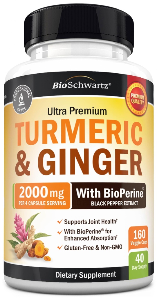 Turmeric and Ginger Supplement with BioPerine - Turmeric Curcumin with Black Pepper & Organic Ginger for Enhanced Absorption for Digestion Knee & Joint Support - Vegan & Non-GMO (40 Servings)
