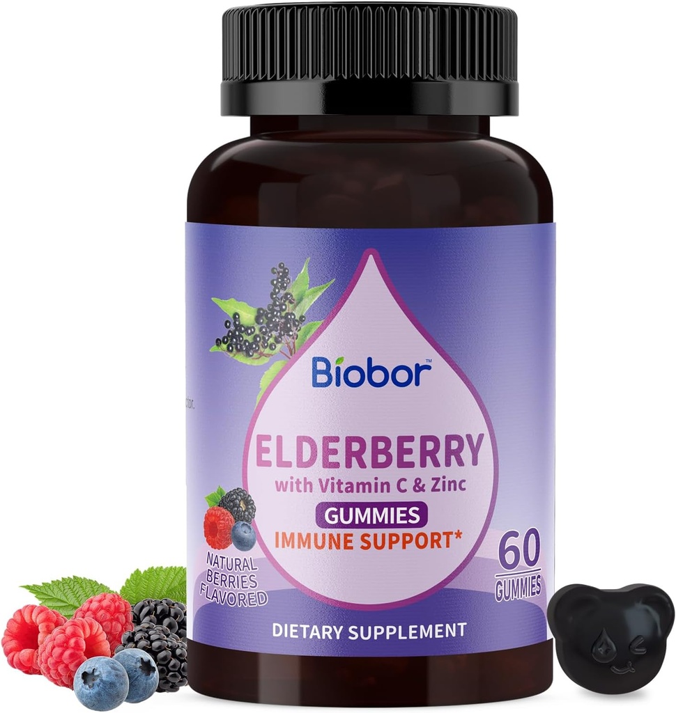 Natural Black Elderberry Gummies 150mg, Elderberry Fruit Extract with Vitamin C and Zinc, Herbal ElderCraft® Gummies Daily Immune Support for Kids and Adults, 60 Count