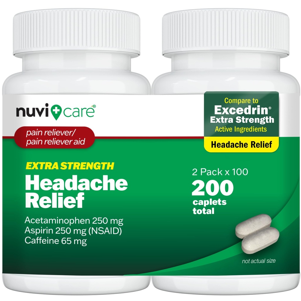 NUVICARE Headache Relief with Acetaminophen 250 mg, Aspirin (NSAID) 250 mg, Caffeine 65 mg - Temporary Relief of Minor Aches & Pains - Compare to Excedrin Extra Strength Pain Reliever (2 Pack)