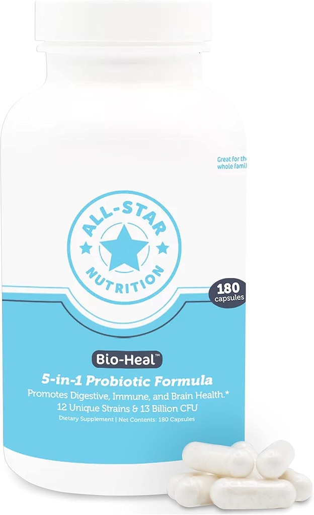 5-in-1 Bio-Heal® Probiotic Capsules for Kids, Men & Women - Best Supplement for Brain Function, Gut Health & Constipation - Shelf Stable & Fortified with Vitamins, Minerals & Prebiotics
