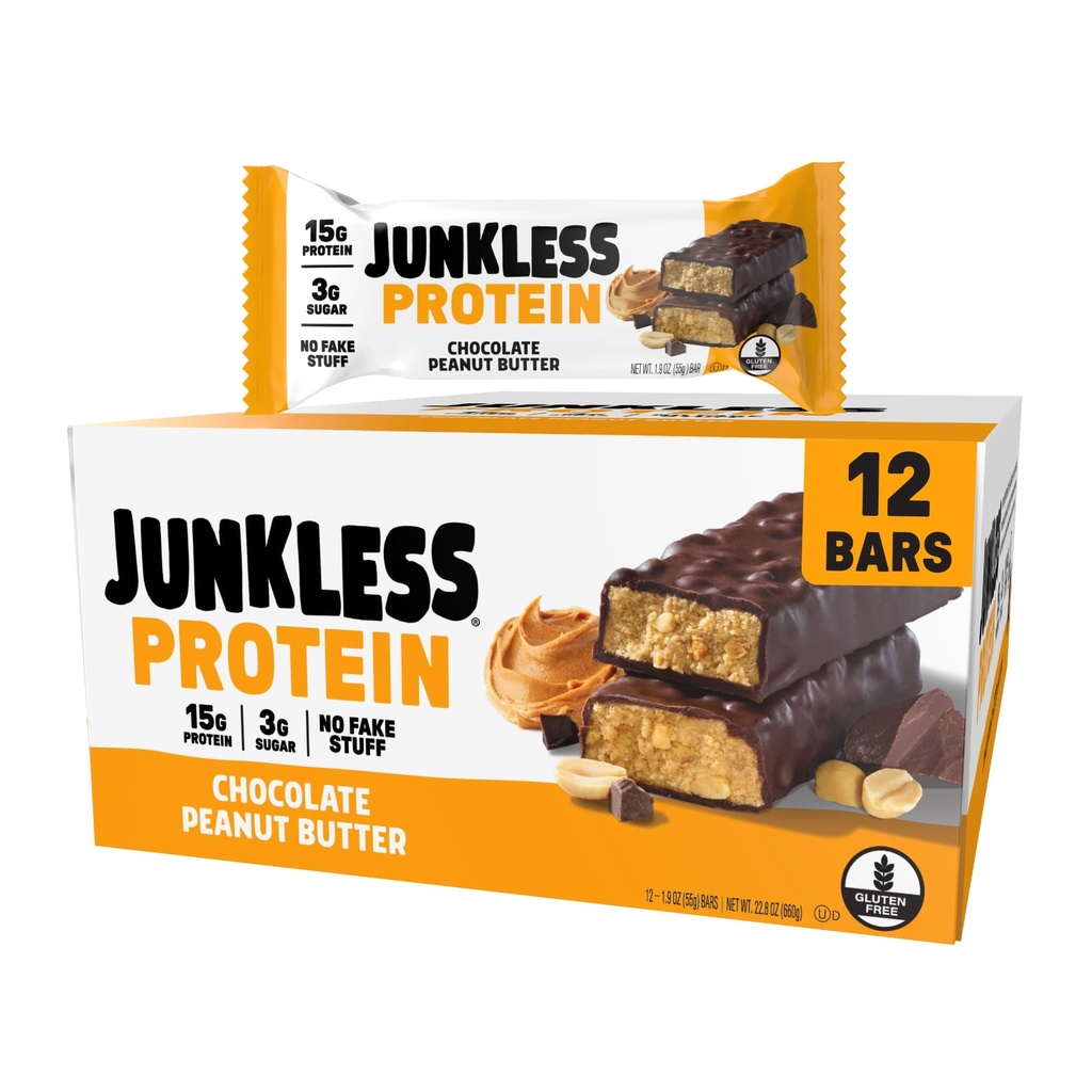 JUNKLESS Chocolate Peanut Butter Protein Bars | 15g Protein, No Added Sugar, High Fiber, Gluten Free | Healthy Snack for Kids & Adults | 12 Bars