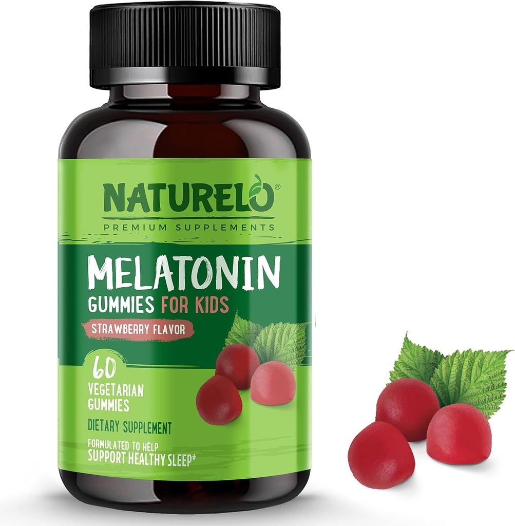 NATURELO Melatonin Gummies for Kids Non-GMO, Gluten-Free, Soy Free - Strawberry Flavor - Gentle Sleep Supplement - 60 Vegetarian Gummies