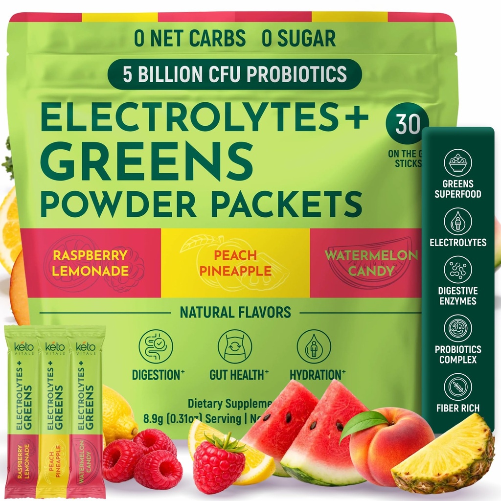 Keto Vitals Keto Electrolytes Plus Greens Superfood Powder Packets - 30 Servings Super Greens Powder Packets with Sugar Free Electrolytes for Hydration, Gut Health & Digestion - Green Drink Mix