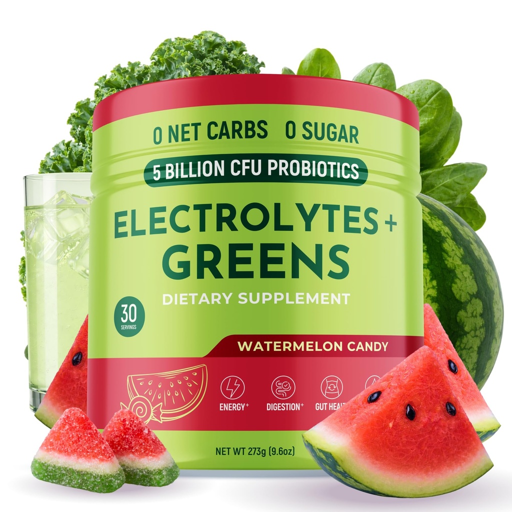 Keto Vitals Greens Powder Plus Electrolytes - Daily Super Greens Powder with Superfoods - Green Drink with Sugar Free Electrolytes for Hydration, Gut Health & Digestion, Watermelon Candy - 30 Servings