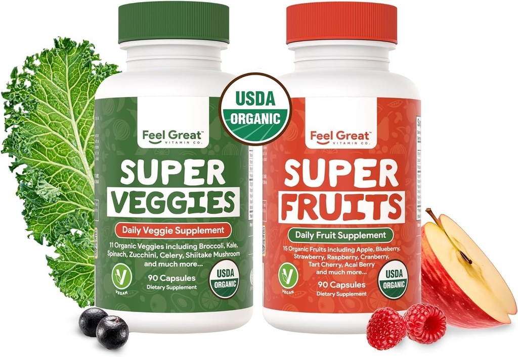 Feel Great USDA Organic Fruit and Vegetable Supplements | 20+ Super Reds & Greens for Natural Energy Support | Vegan Fruit and Veggie Vitamins | 2 Pack of 90 Count