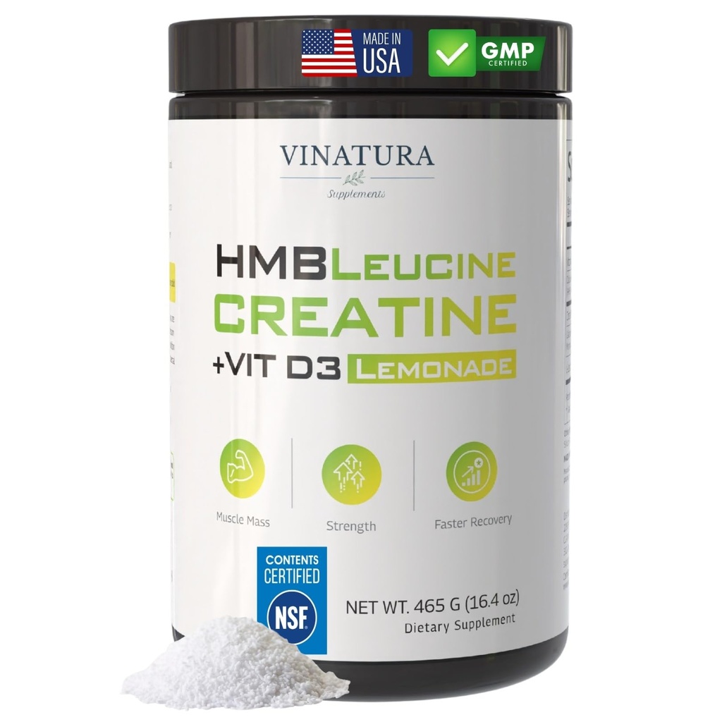 VINATURA HMB Creatine Leucine Powder - 5g Creatine Monohydrate, 3g HMB Supplement, 3g L-Leucine - Vitamin D3, Vegan Lemonade Flavor, Muscle & Strength Support - 30 Servings