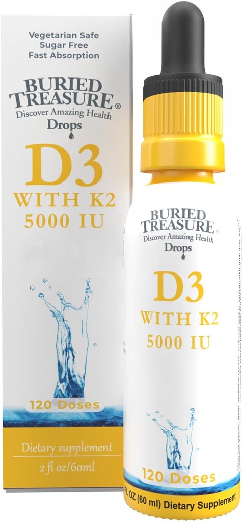 Buried Treasure Vitamin D3 & K2 Drops - 5000 IU D3 with 100 mcg K2 for Bone, Heart & Immune Support, Sugar Free, 2 fl oz