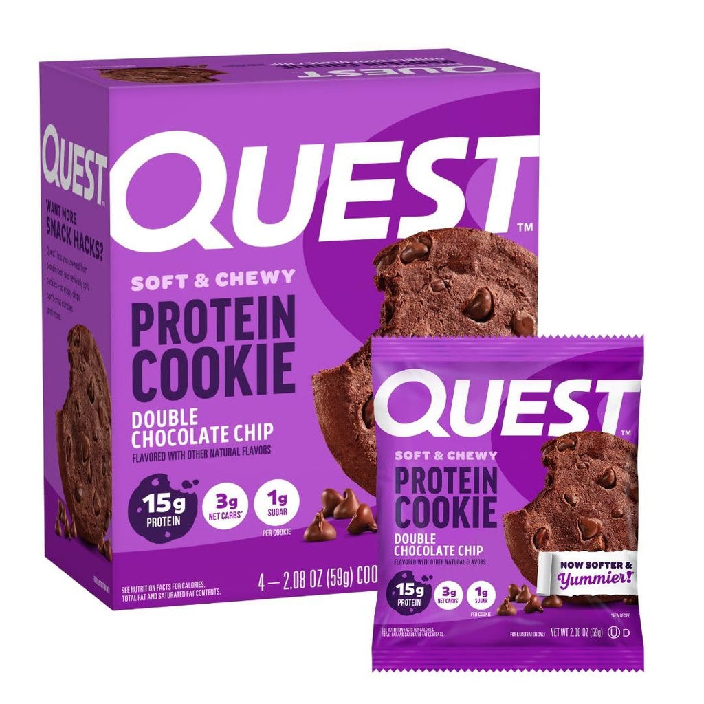 Quest Nutrition Double Chocolate Chip Protein Cookie, 15g Protein, 1g Sugar, 3g Net Carbs, Keto Friendly, High Protein, Low Carb; 4 Count