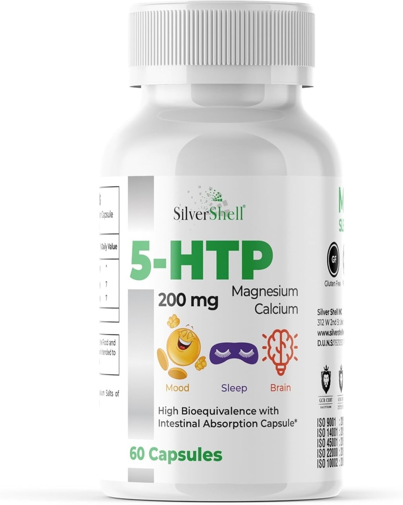 5-HTP 200 MG Plus Calcium and Magnesium for Mood, Sleep and Brain Functions – 1 Capsule per Serving, 60 Capsules
