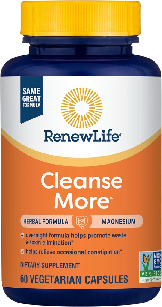 Renew Life Cleanse More Herbal Formula with Magnesium for Overnight Occasional Constipation Relief; Helps Promote Waste and Toxin Elimination; Gluten, Dairy and Soy Free; 60 Vegetarian Capsules*