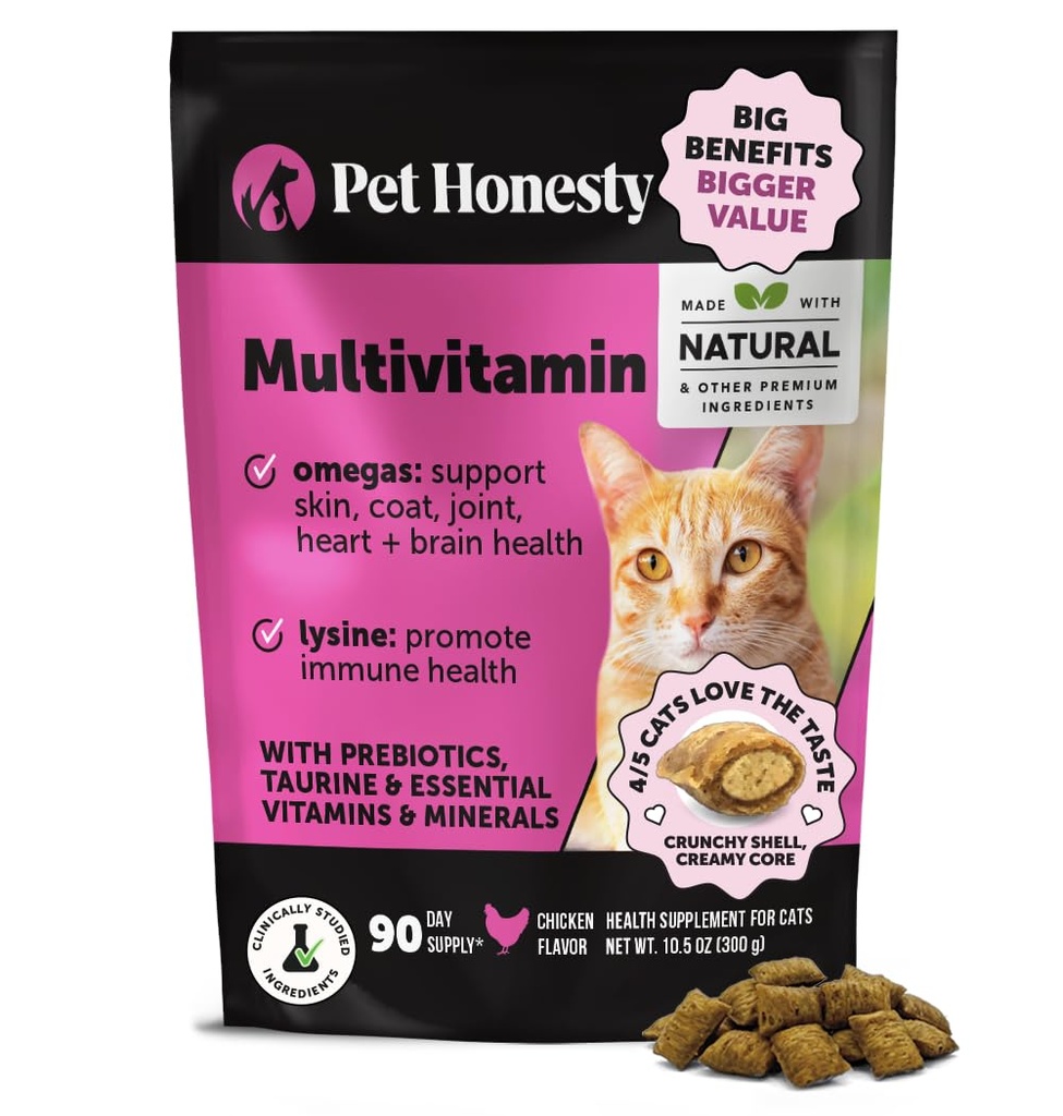 Cat Multivitamin Chews - Cat Treats for Health + Immune, Joint Support, Skin & Coat, and Digestion - Omega 3s, Lysine & Probiotics for Cats, Vitamins for Cats - Chicken (90-Day Supply)
