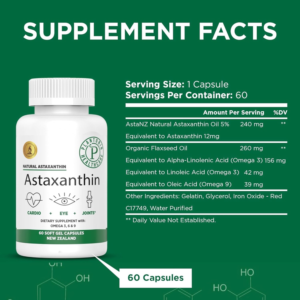 New Zealand - Astaxanthin 12mg from Microalgae Haematococcus Pluvialis - 60 Soft Gels - GMO & Gluten Free - Antioxidant - Supports Joint Mobility & Post Exercise Recovery, Skin & Eye Health