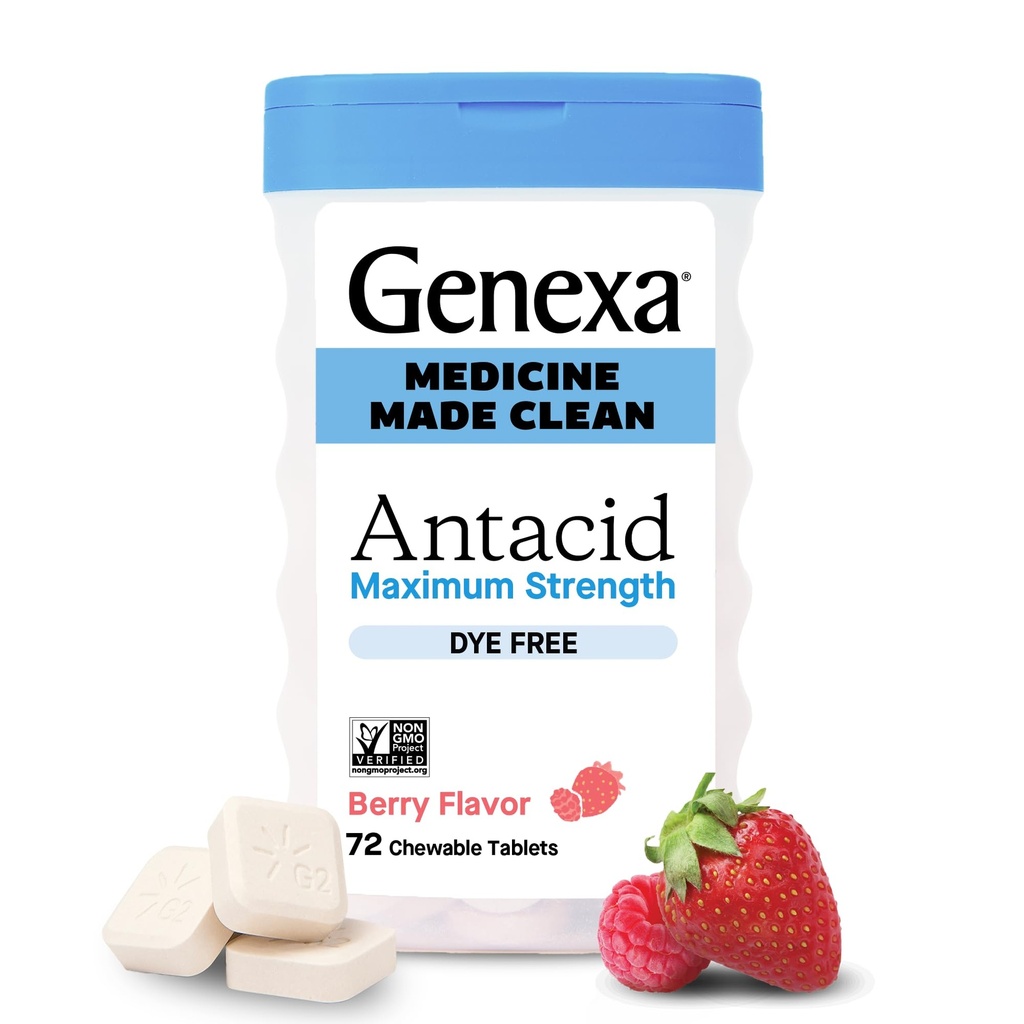 Genexa Clean Antacid Chewable Tablets | Maximum Strength Calcium Carbonate for Heartburn, Acid Indigestion & Upset Stomach Relief | Dye Free, 0% Artificial Additives | Berry Flavor Chewables, 72ct