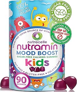 NUTRAMIN Kids Mood Boost Vegan Vitamin Gummy: Calming Magnesium Citrate Supplement for Children with Ashwagandha & Vitamin B Complex to Relax & Focus - Sugar-Free, Allergy-Safe, Non-GMO 90 ct