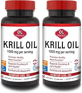 Olympian Labs Antarctic Krill Oil, 1000mg Caps with Astaxanthin, Omega-3, EPA, DHA, Immune, Joint & Brain Support, 60 Softgels (Pack of 2)