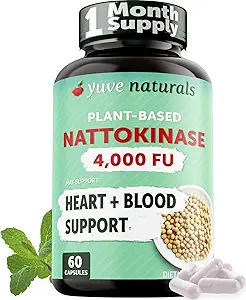 Yuve Nattokinase 4000 FU, Nattokinase Supplement for Cardiovascular Health Support - Natural Blood Thinner - Natokinase Enzyme from Natto Extract, Sugar-Free, Vitamin K Free - 60 Pills, Made in USA