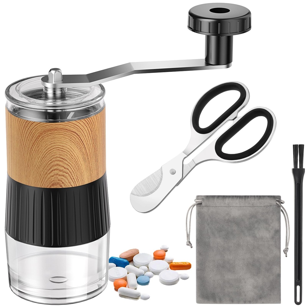 Small Portable Pill Crusher Grinder to Fine Powder for Elderly - Crushes Multiple Pills, Small and Large Medication and Vitamin Tablets - Great for Feeding Tube, Kids, Pets - Ideal for Travel (Wood)
