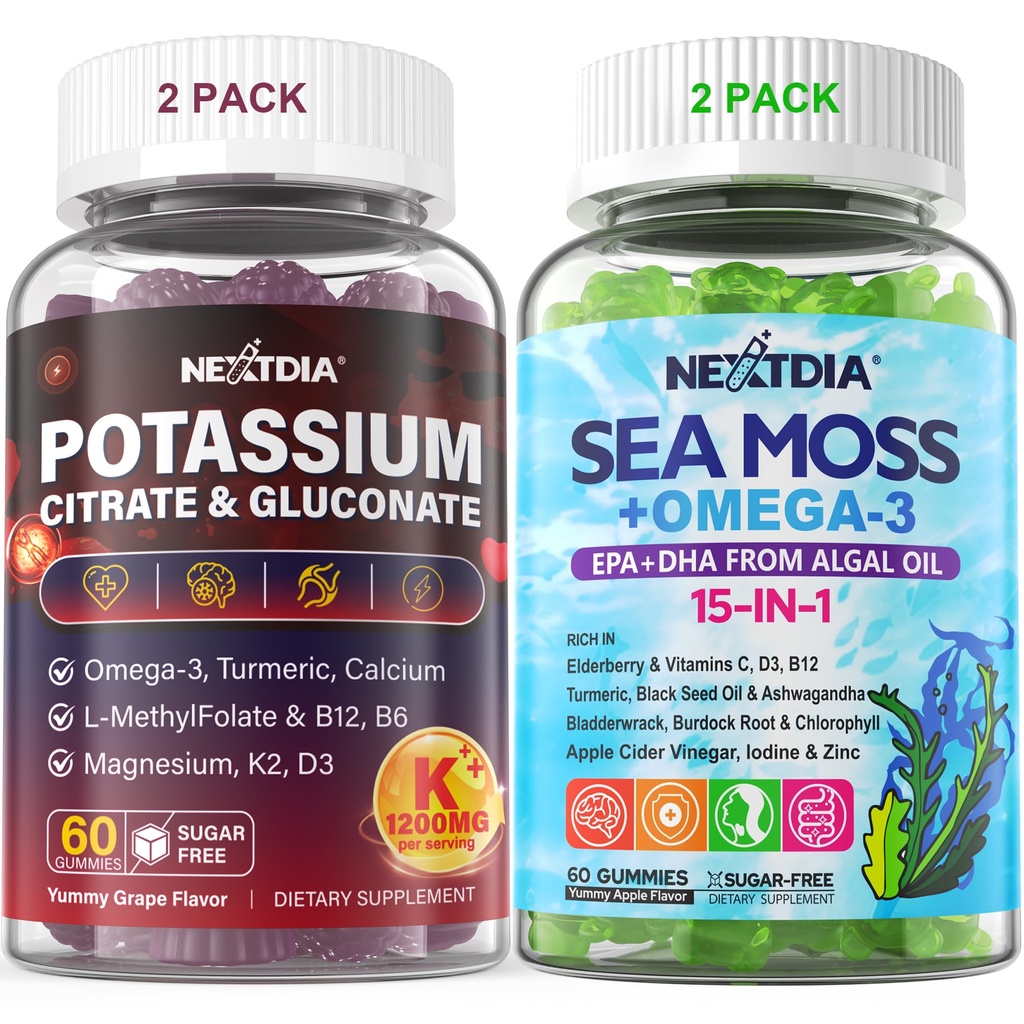 Bundle: Potassium Citrate and Potassium Gluconate Gummies 2 Pack & Sea Moss Gummies + Omega-3 2 Pack