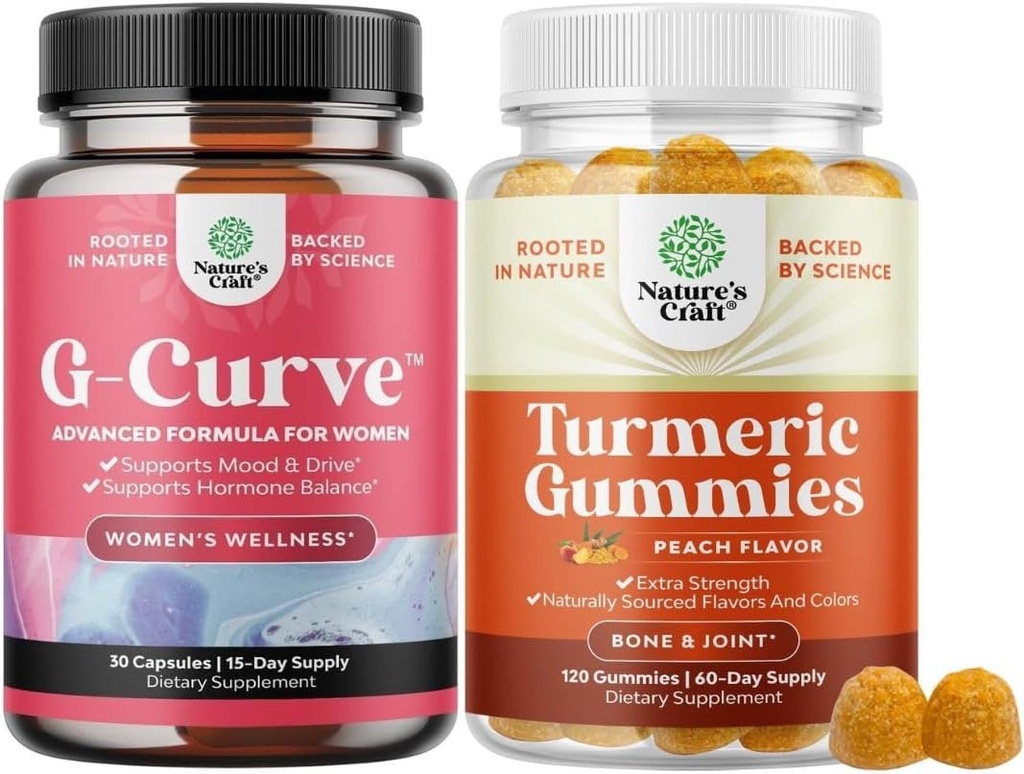 Bundle of G Curve Horny Goat Weed for Women for Enhanced Energy Mood and Performance and Turmeric Gummies for Adults Peach Flavor - Extra Strength Joint Support Gummies